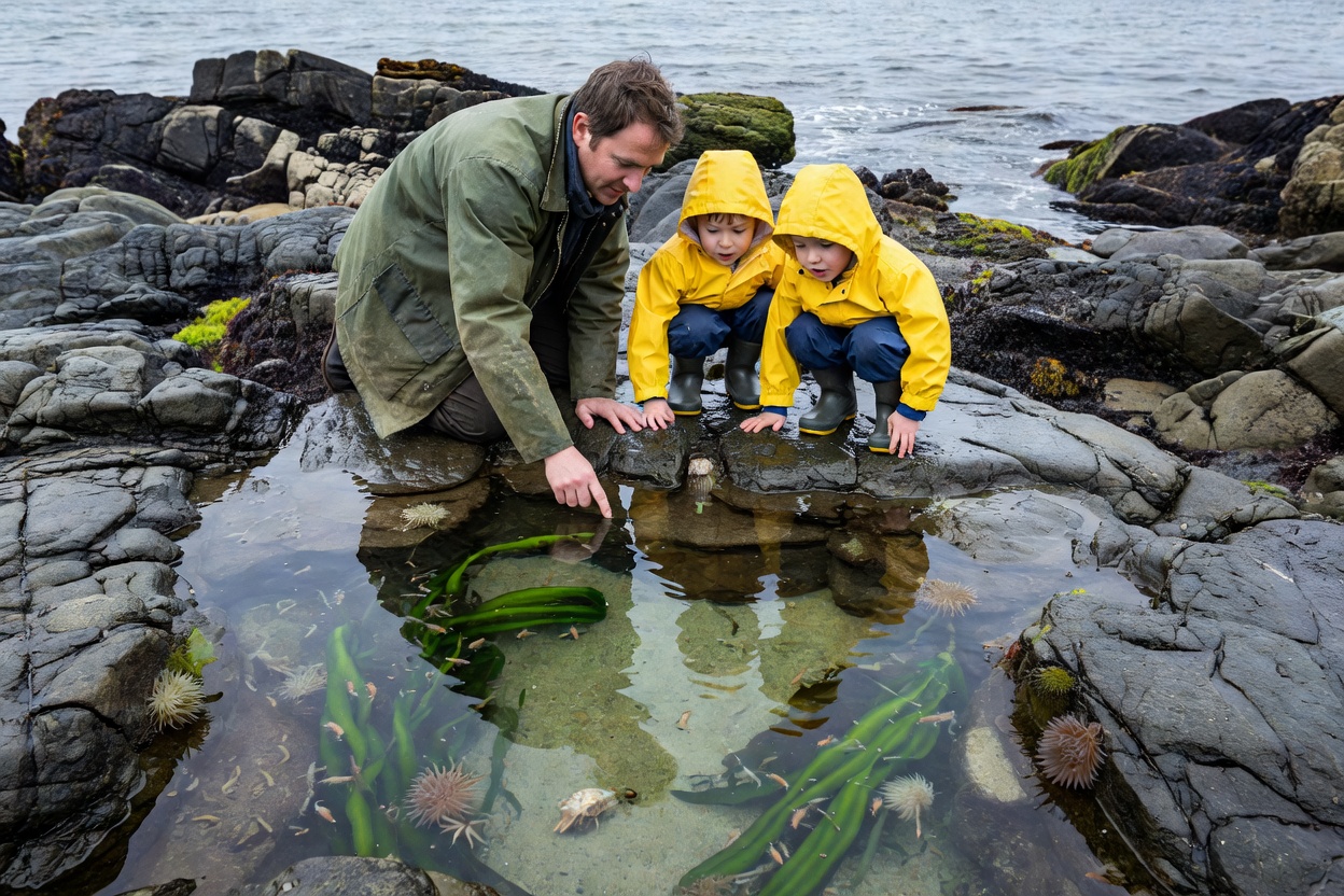 A parent and two children peering into a rock pool on the dark rock scars at Robin Hood's Bay