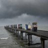Southwold Pier in Suffolk under a dark grey sky