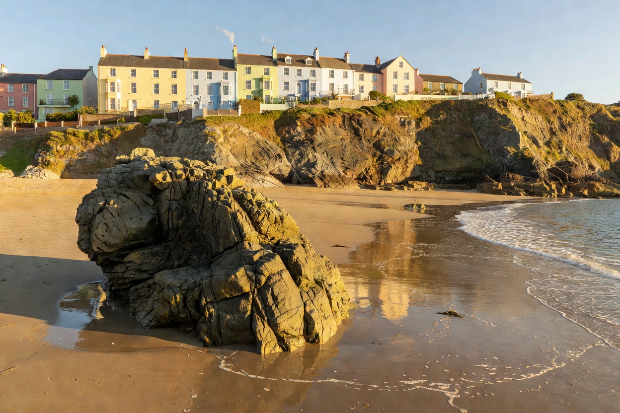 Tenby North Beach with Goscar Rock standing in the sand and pastel houses on the cliff above