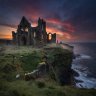 The gothic ruins of Whitby Abbey on the clifftop at dusk